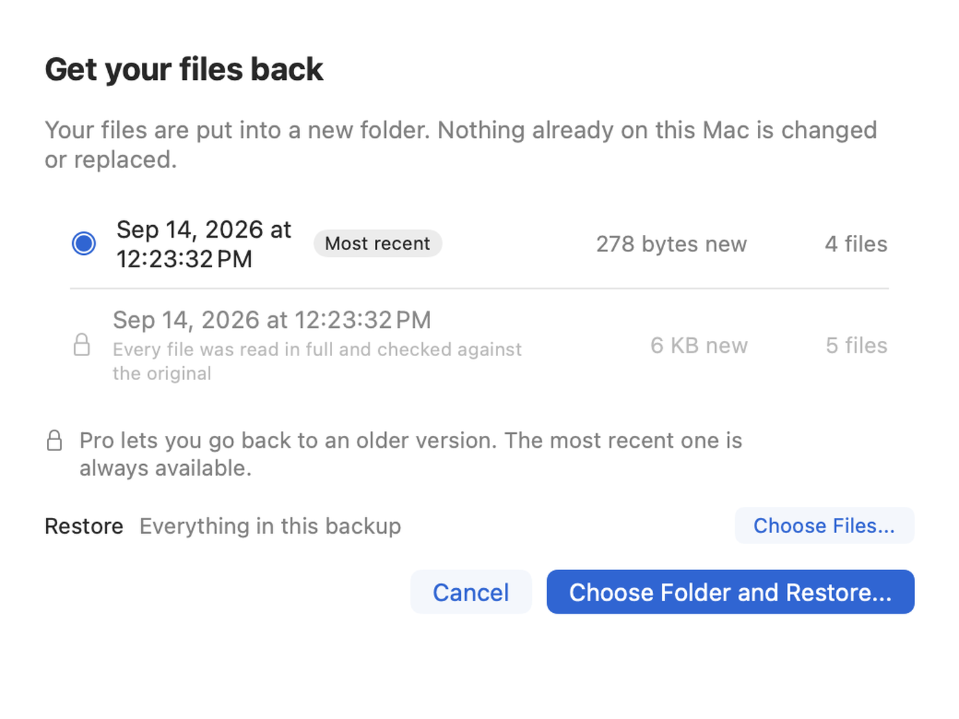 Copy Shelter's restore sheet, listing two backups.
