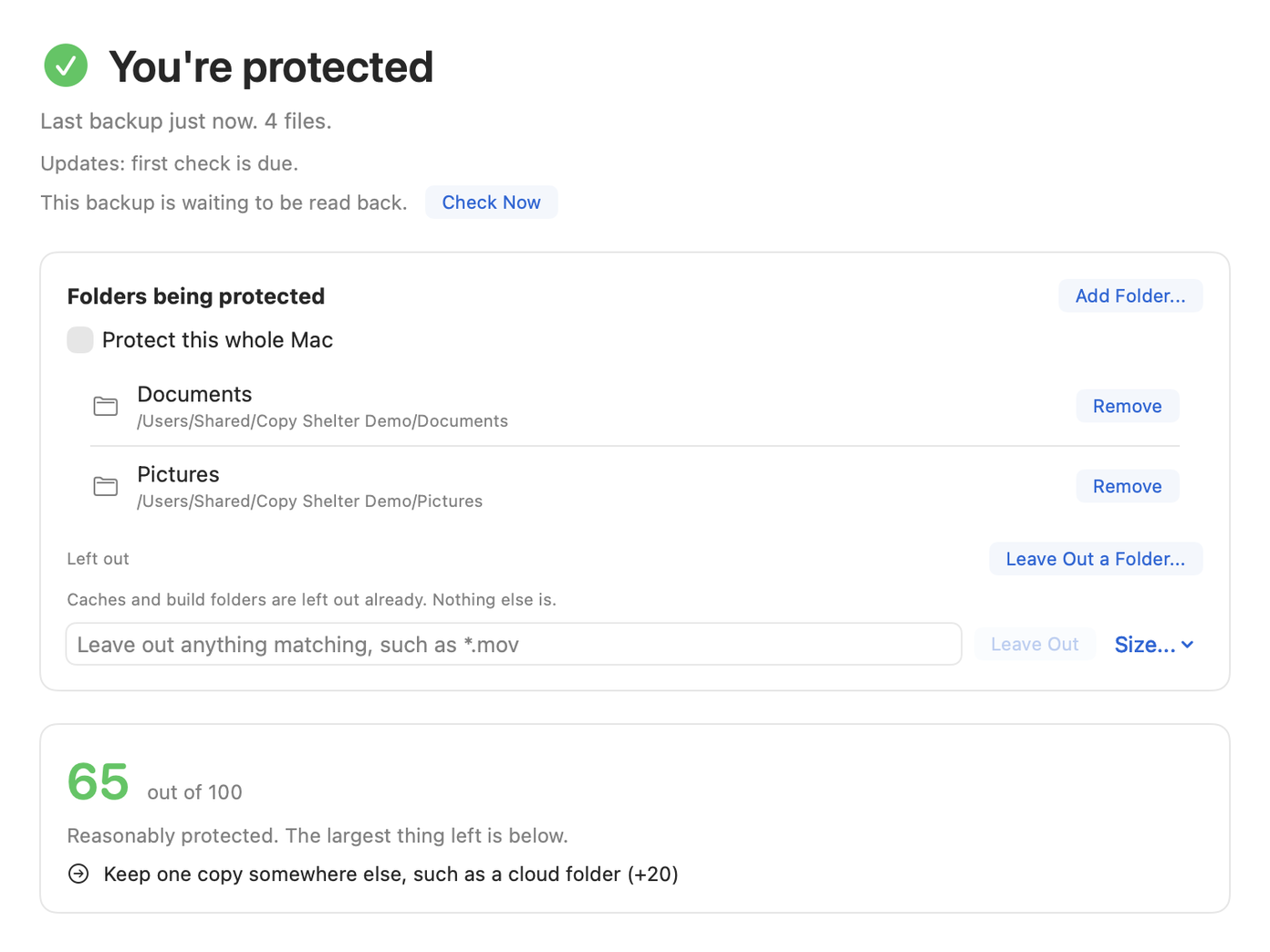 Copy Shelter's main window with a backup waiting to be read back beside a Check Now button.
